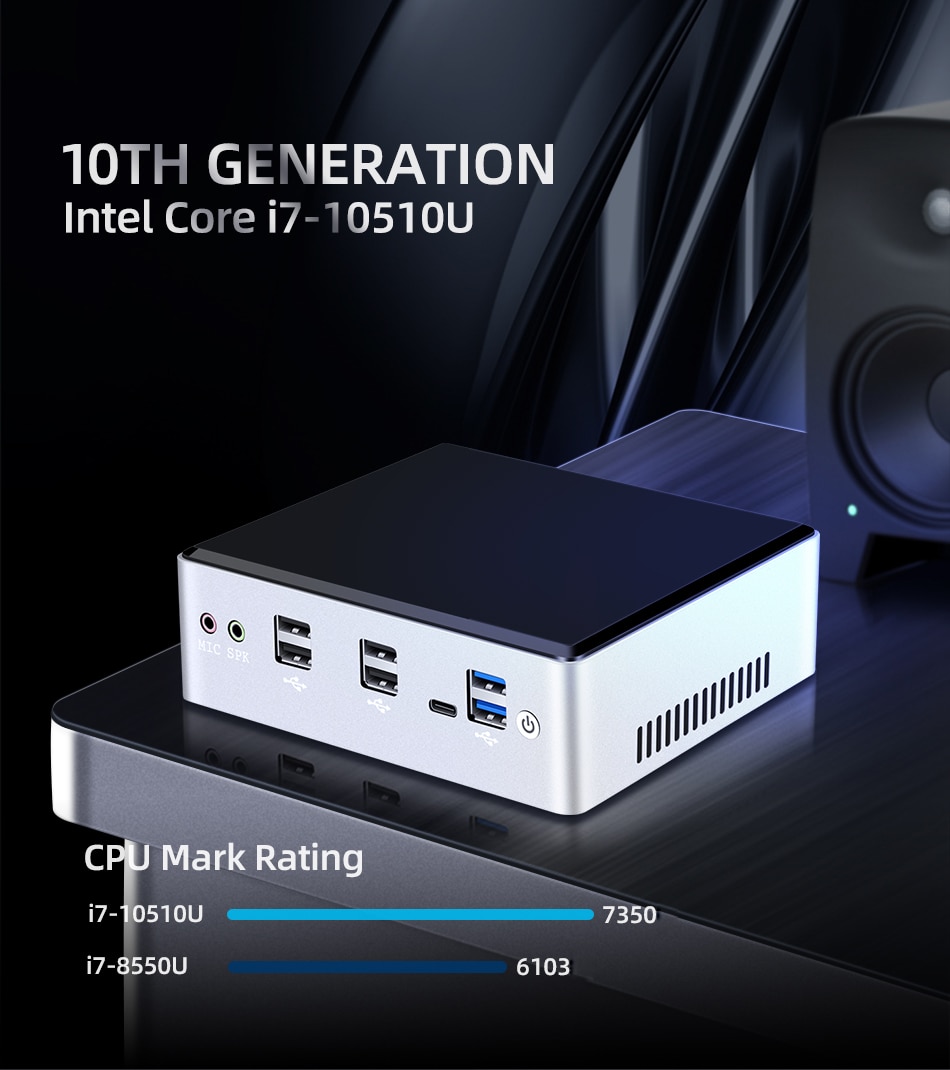 Mini PC Intel Core i7 10510U 2*DDR4 M.2 SSD NVMe Windows 10 Linux Dual-Band WiFi HDMI-Compatible DP 4K 60Hz USB-C 2*Ethernet