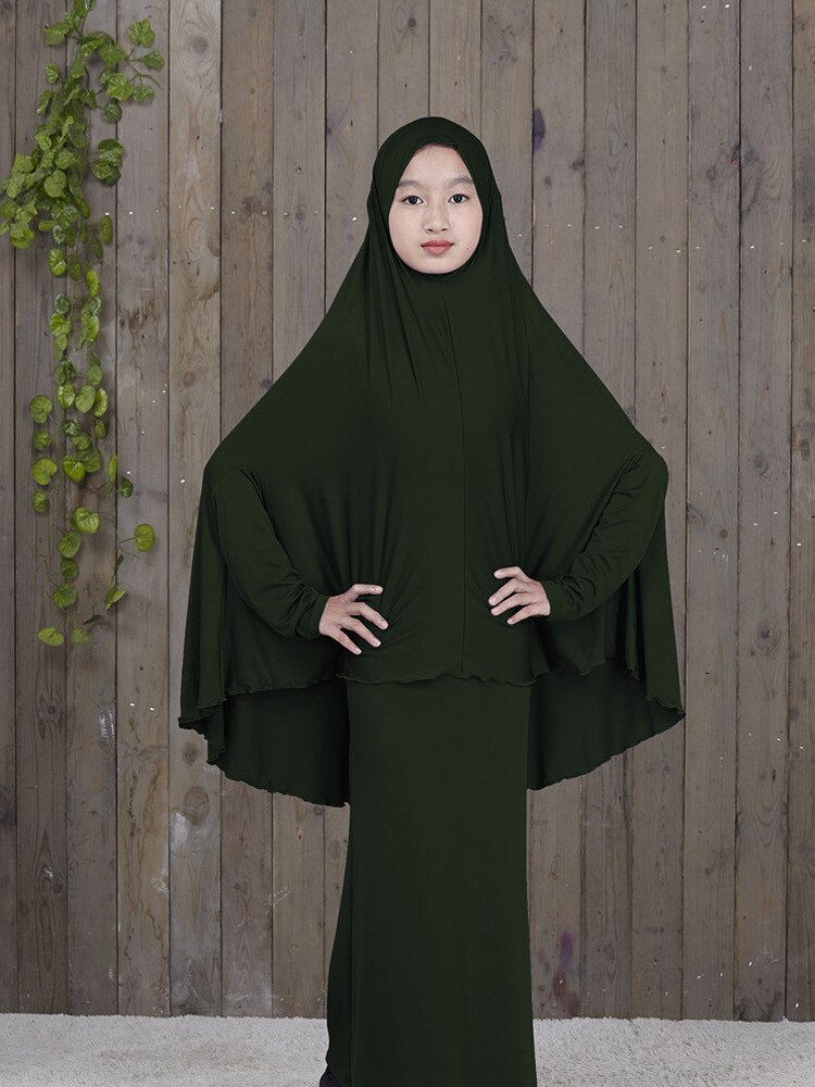 Islam Ramadan Abaya Hijab Dress Robes for Girls 2 Piece Muslim Prayer Clothes Burqa Kids Clothing Khimar Long Djellaba Femme