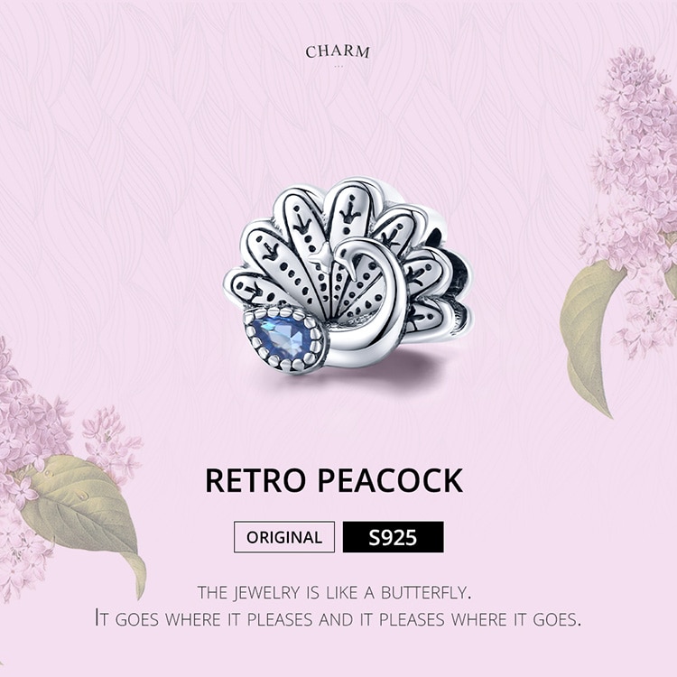 Retro Peacock Series Charm fit Original Bracelets & Bangle 925 Sterling Silver
