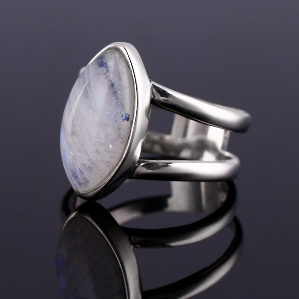 925 Sterling Silver Ring Natural Moonstone Horse Eye 9 X 17MM