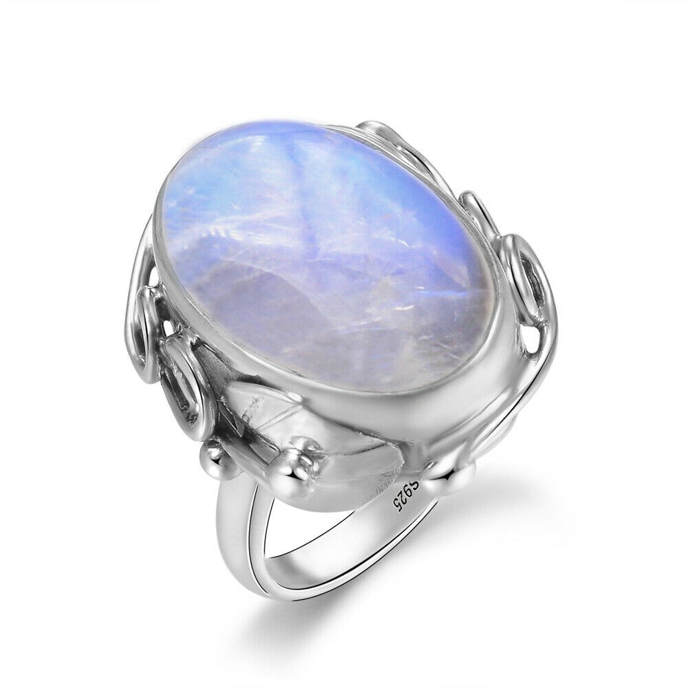 Unisex Natural Moonstone rings  925 Sterling Silver  With Big Stones 11x17MM Oval Gemstones