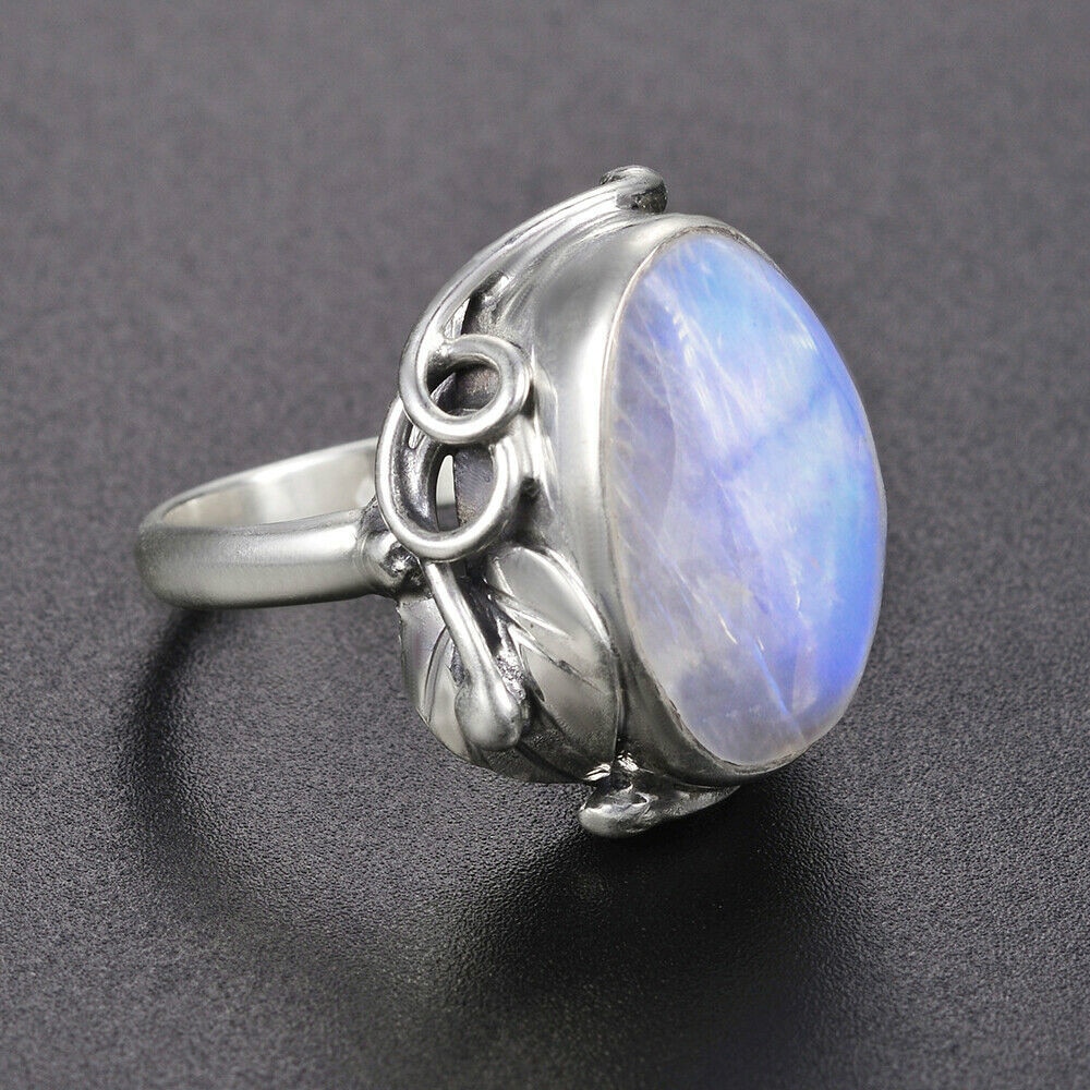 Unisex Natural Moonstone rings  925 Sterling Silver  With Big Stones 11x17MM Oval Gemstones