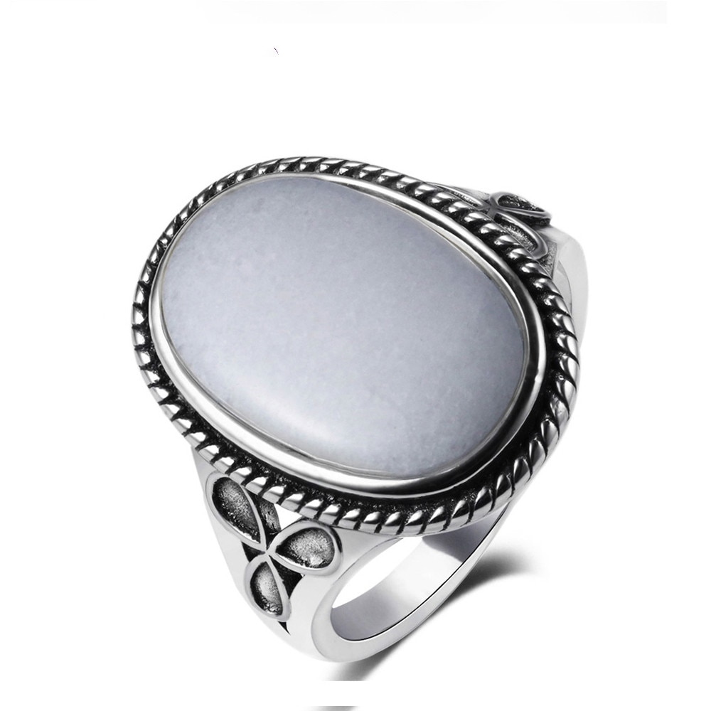 Vintage Ring Blue Sandstone Rings  4 Women's S925 Sterling Silver Rings w 11x17MM Big Oval Gemstone