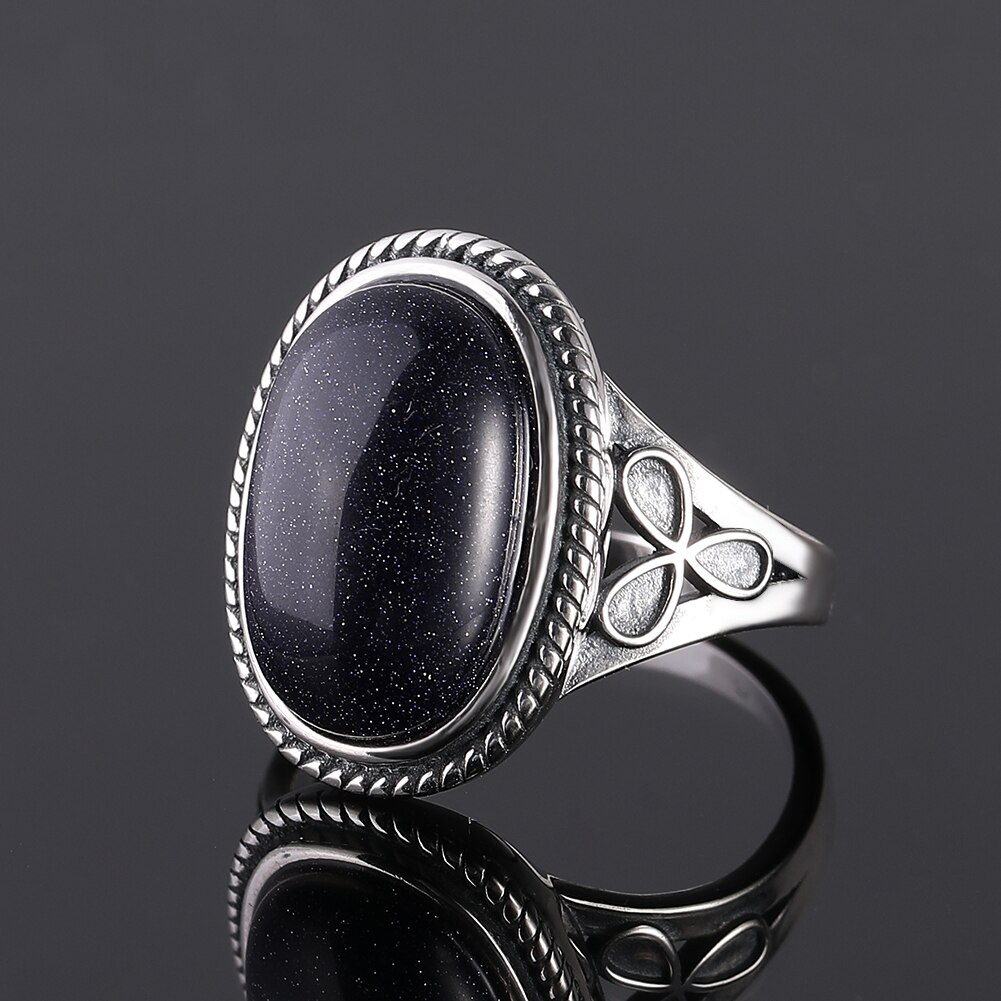 Vintage Ring Blue Sandstone Rings  4 Women's S925 Sterling Silver Rings w 11x17MM Big Oval Gemstone
