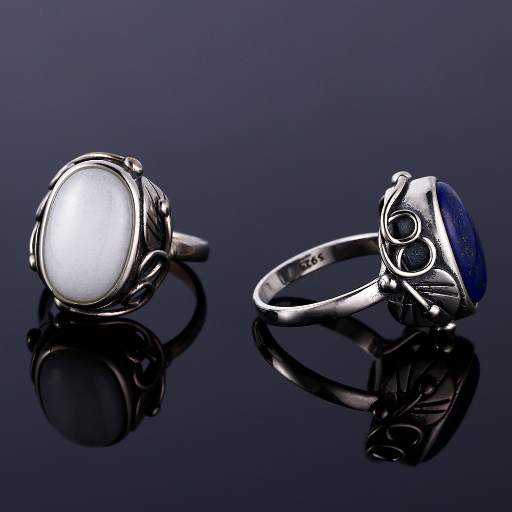 Natural Lapis Lazuli and White Chalcedony Ring  925 Sterling Silver  with Large Stone 11x17MM Oval Gem