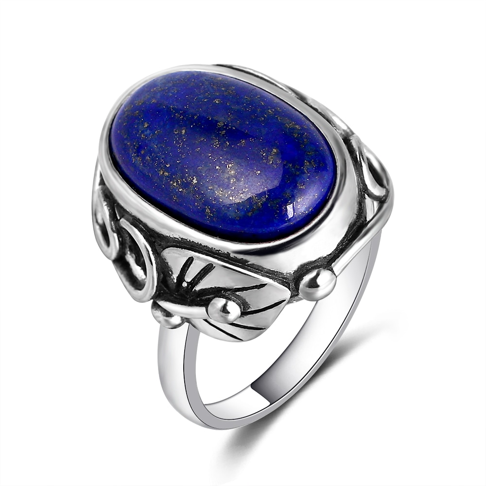 Natural Lapis Lazuli and White Chalcedony Ring  925 Sterling Silver  with Large Stone 11x17MM Oval Gem