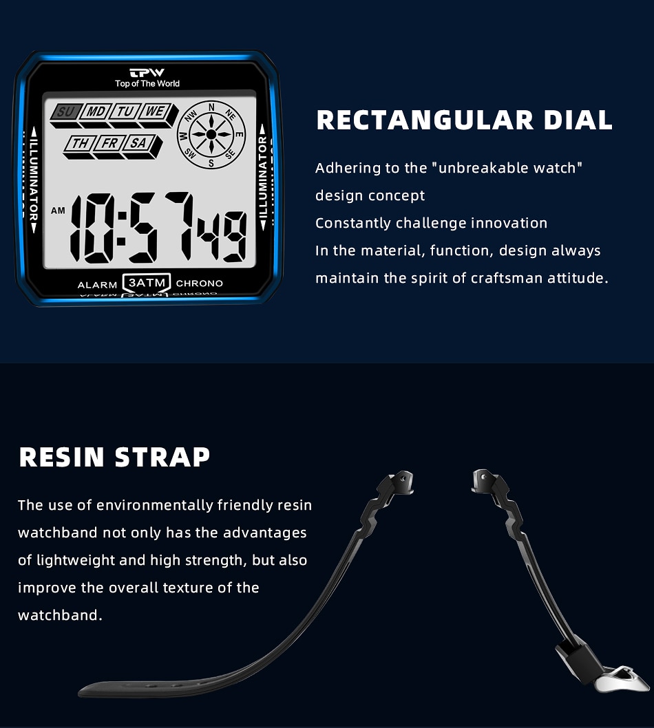 Shock Resistant Digital 3ATM Waterproof  Rectangle Watche