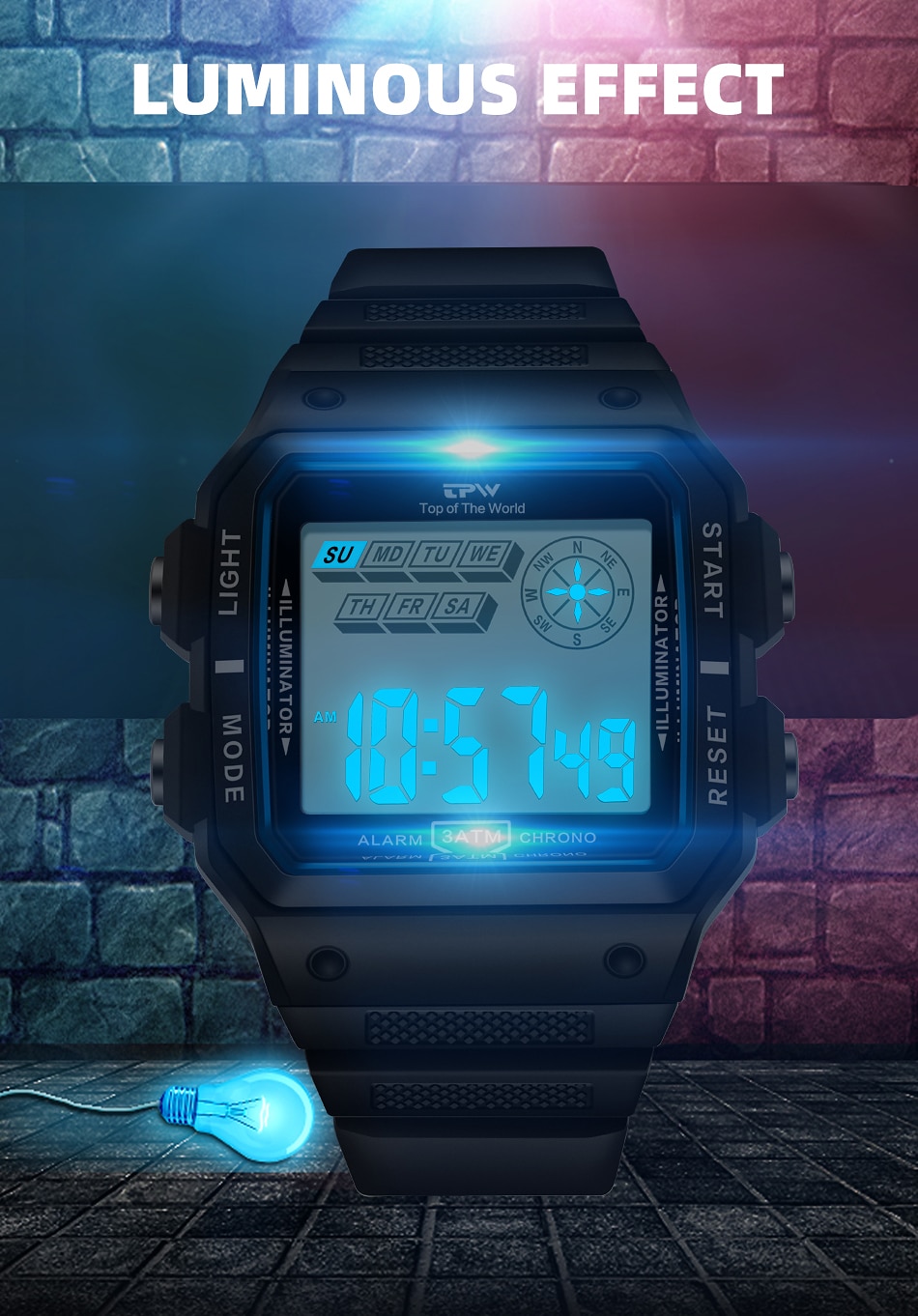 Shock Resistant Digital 3ATM Waterproof  Rectangle Watche