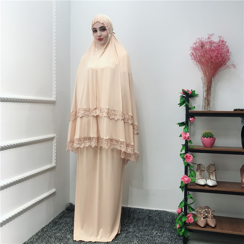 2 Piece Hijab Dress Muslim Women Prayer Khimar Jilbab Arab Overhead Abaya Clothing Ramadan Oman Suit Worship Service Middle East