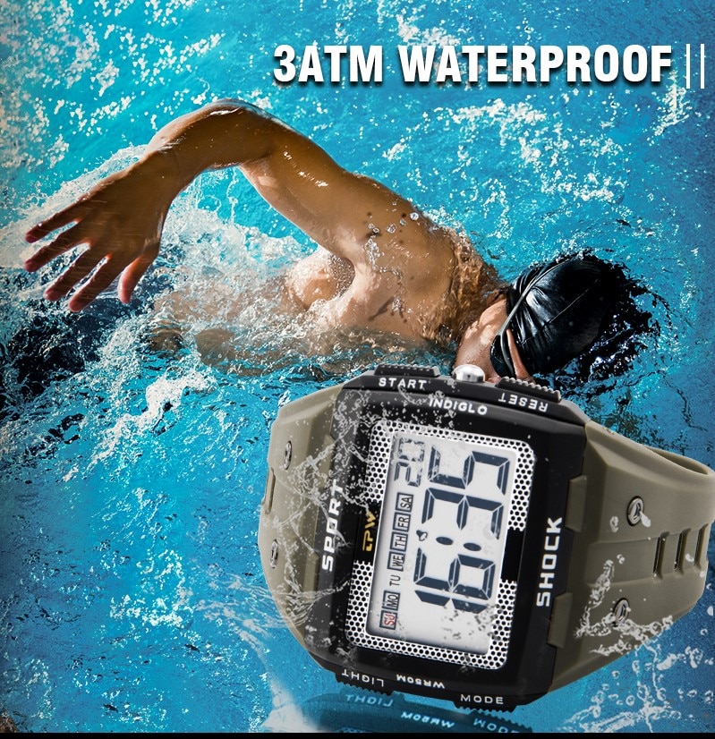 Big Numbers Men Sport Watch Digital Multifunction Alarm Chrono 5Bar Waterproof Back Light Square Screen