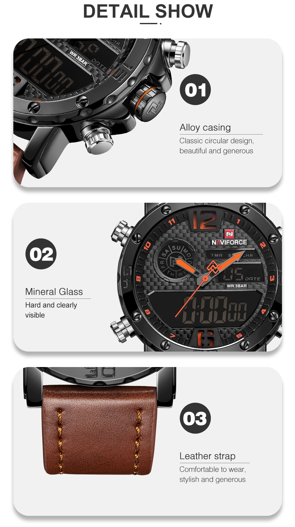 Mens Watches To Luxury Brand Men Leather Sports Watches NAVIFORCE Men's Quartz LED Digital Clock Waterproof Military Wrist Watch