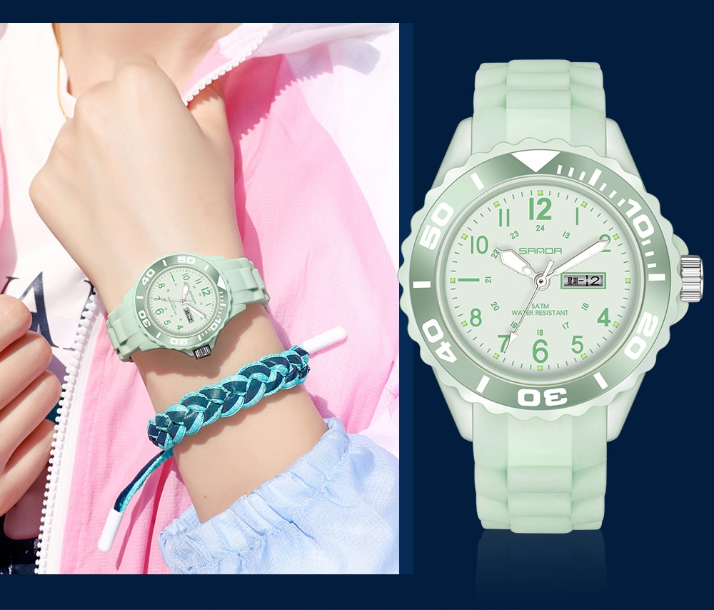 SANDA Ladies Wrist  Silicone Strap Blue Clock Women Watch With Day Montre Femme 1053
