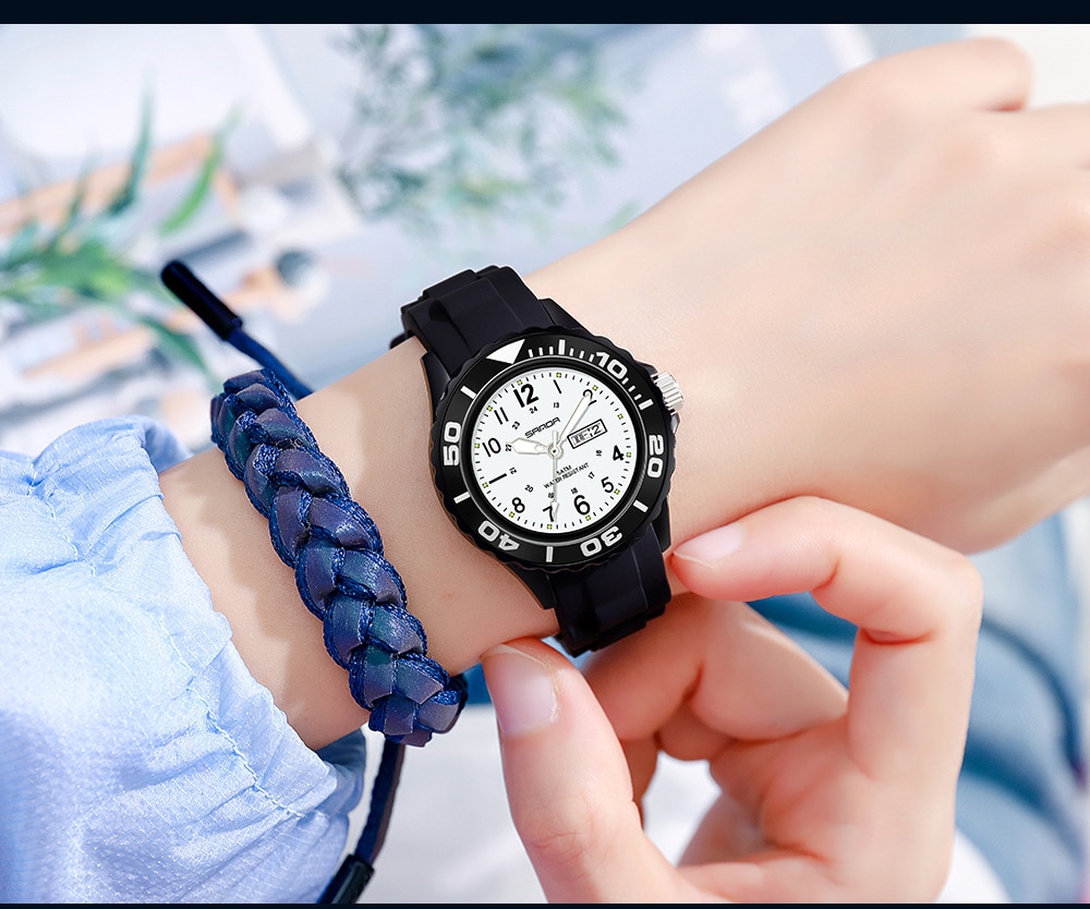 SANDA Ladies Wrist  Silicone Strap Blue Clock Women Watch With Day Montre Femme 1053