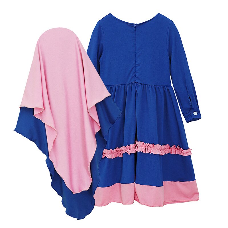 Muslim 2 Pieces Set Girls Princess Dress Kids Abaya Hijab Khimar Niqab Burqa Jilbab Islamic Children Prayer Gown Kaftan Ramadan