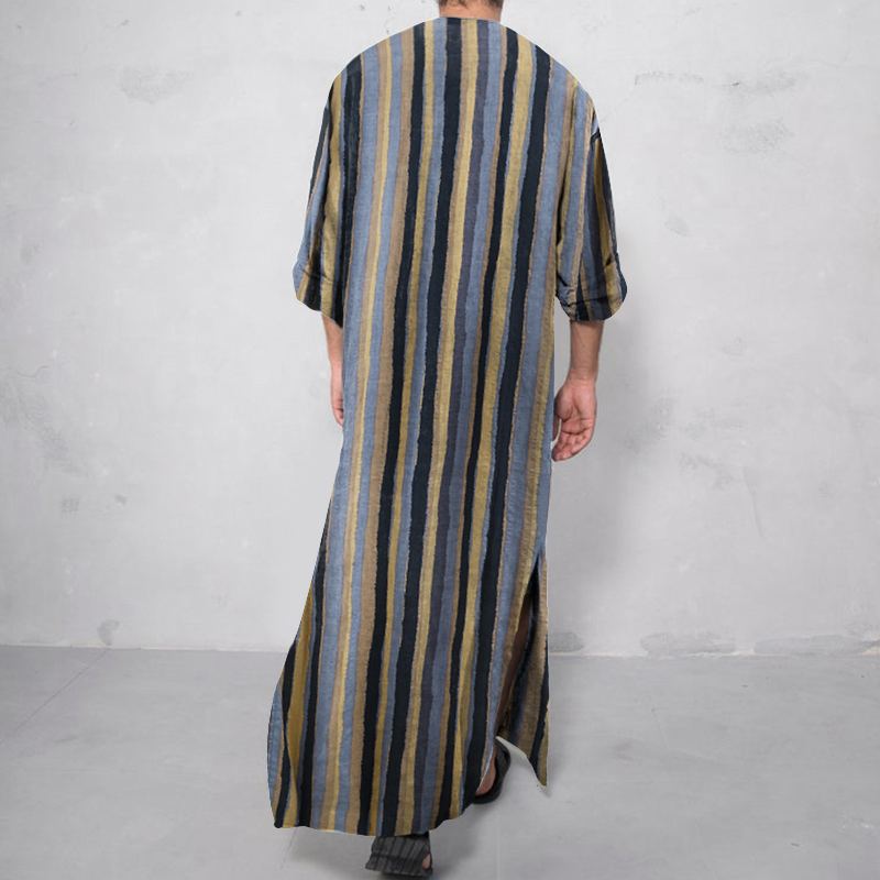 Men Saudi Style Striped Jubba Thobe Men Pockets Abaya Muslim Kaftan Robe Long Sleeve V Neck Islamic Arabic Clothing 5XL INCERUN