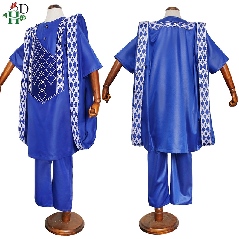 H&D Parents Kids Clothes African Men Agbada 3 Piece Sets Children Boys Robe Shirt Pant Suit Embroidery Dashiki Muslim Clothing
