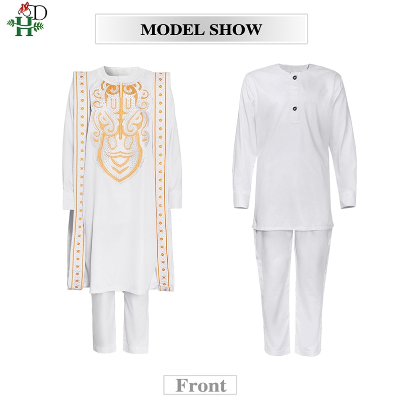 H&D Gold Embroidery White agbada men african traditional clothes nigeria outfit cover shirt pants 3 PCS suit muslim sets PH9039