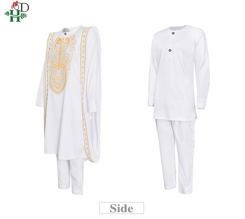 H&D Gold Embroidery White agbada men african traditional clothes nigeria outfit cover shirt pants 3 PCS suit muslim sets PH9039