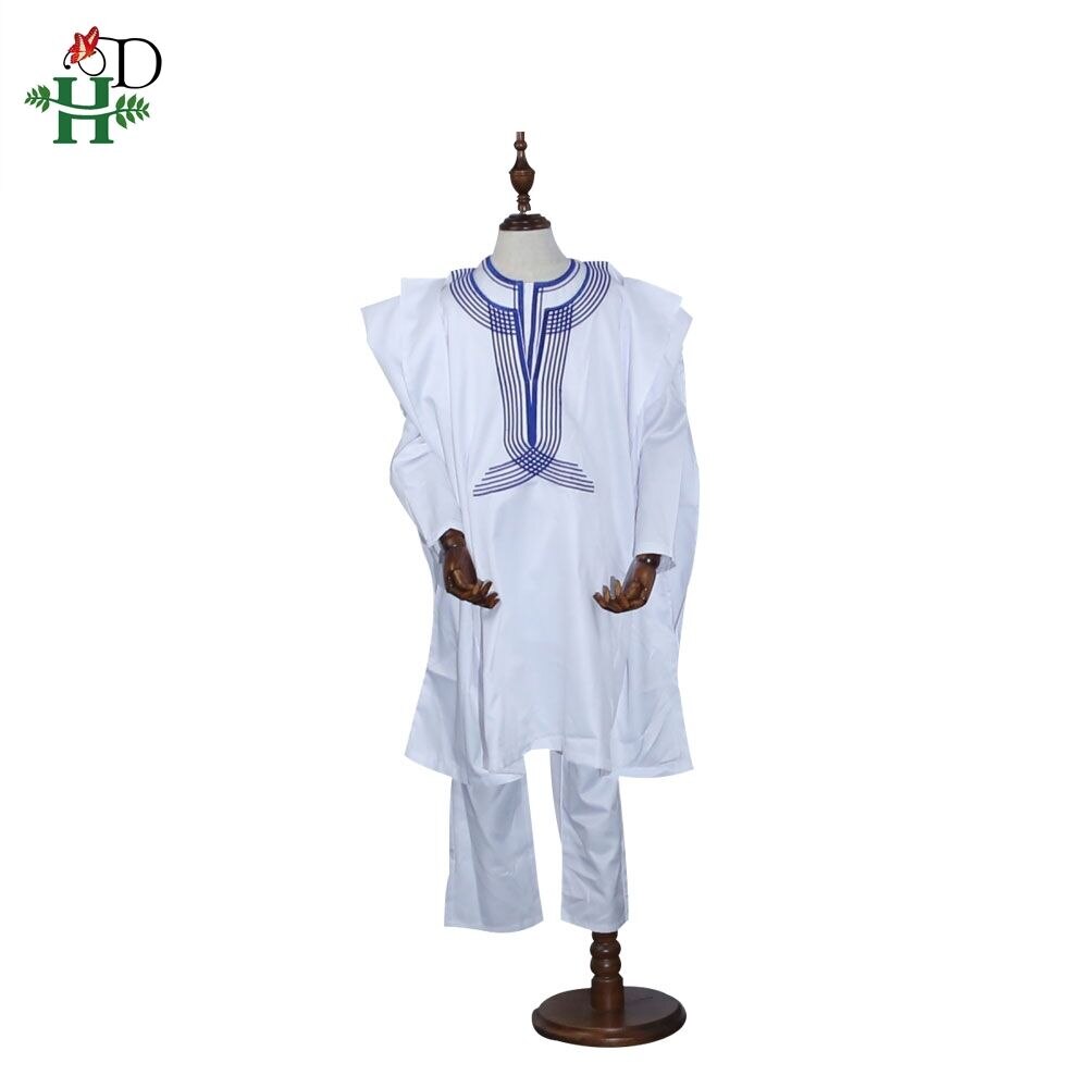 H&D Parent Child Outfit African White Agbada Suit Men Robe Shirt Pants 3 PCS Set Kids Boy Dashiki Clothes Muslim Fashion Party
