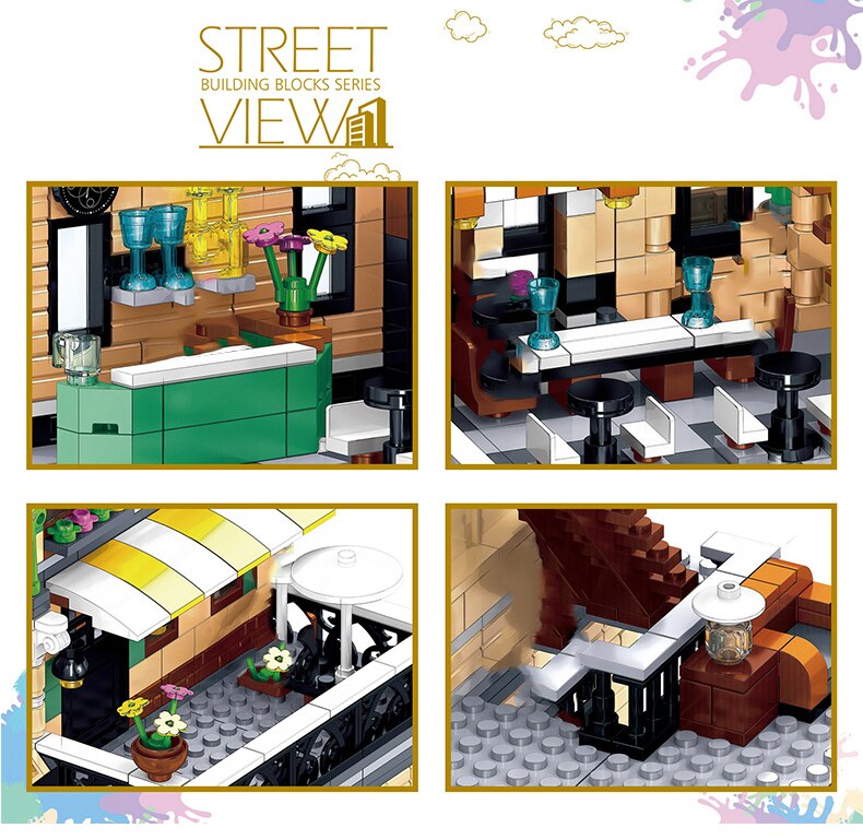 Creator Europe Style Street View Building Block Shop Store Restaurant Architecture Bricks Toys Birthday Gift For Adult